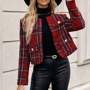 New Luxe Plaid Tweed Jacket Blazer Red Black
